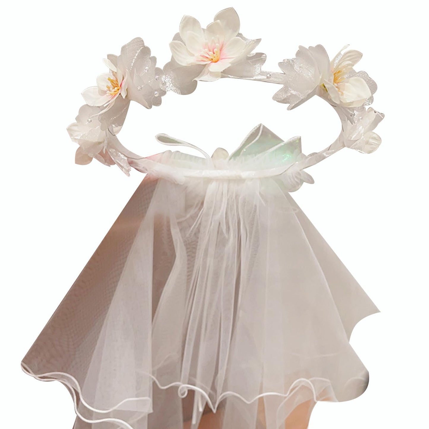 yuruyi Artificial Flower Crown Headband for Women Girls – Boho Floral Wreath Halo for Weddings, Photoshoots, Festivals, Birthdays, and Costume Parties (White Peach Blossom, Adjustable)