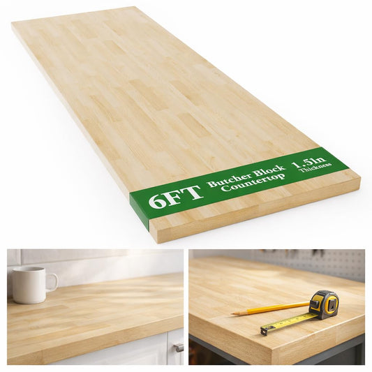 6FT Butcher Block Countertop Birch Solid Wood - 72" x 24.5" Table Top Butcher Block Cutting Board for Kitchen Island Living Dining Table Office Desk Workbench Countertop Unfinished 1.5" Th
