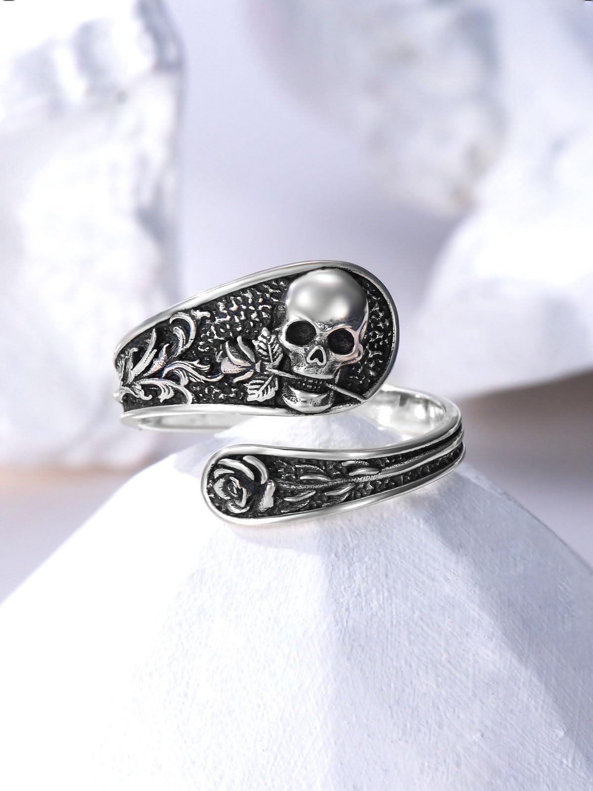 Midari Skull Rose Spoon Rings for Women Sterling Silver Skull Ring Adjustable Punk Skull Rings Skull Rings Open Antique Spoon Rings Jewelry for Women Hallowee Birthday Christmas Gifts(Customization)