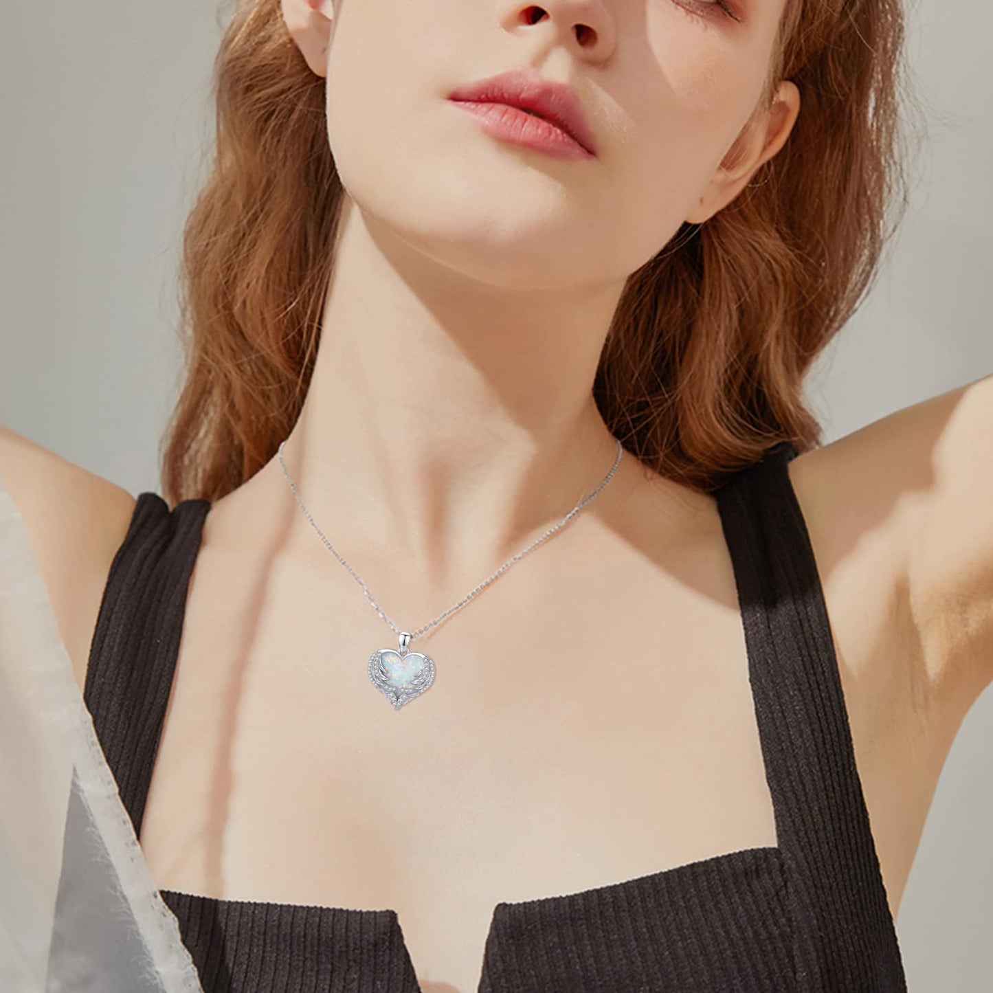 CUOKA MIRACLE Angel Wing Heart Opal Necklace 925 Sterling Silver Women's Guardian Angel Wings Pendant Necklace Dainty White Opal Jewelry for Women Birthday Gifts for Mom Women