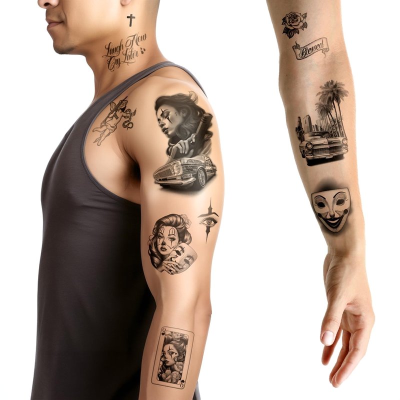 Los Vatos Chicano Bundle - Cholo and Chola Temporary Tattoos For Men Women, Payasa, Lowrider, Virgin Mary, Prayer, Cross, Chicana, Gangster, Fake Tattoo, Día de Muertos, Tatuajes Temporales