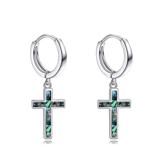 925 Sterling Silver Cross Hoop Earrings Abalone Dangle Drop Earrings Huggie Jewelry Birthday Gifts for Women Men (Abalone Cross)