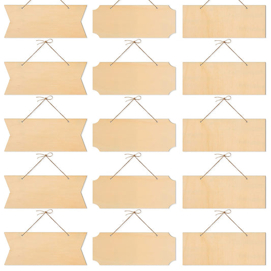 15 Pieces Unfinished Hanging Wood Sign Rectangle Blank Hanging Decorative Wood Plaque Wooden Slices Banners with Ropes for Pyrography Painting Writing DIY Home Crafts Supplies