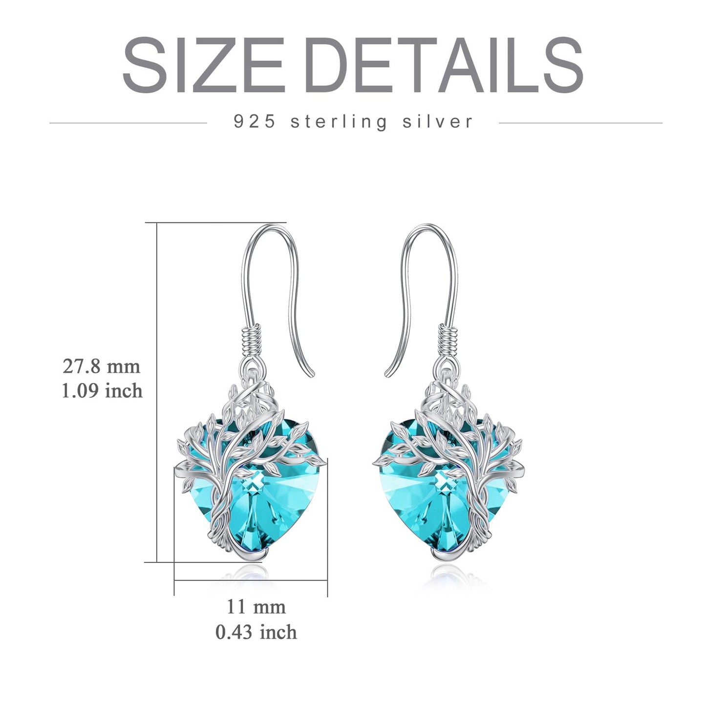 TOUPOP Heart Aquamarine March Birthstone Earrings Sterling Silver Tree of Life Earrings Blue Crystal Jewelry Birthday Mothers Day Gifts for Women Mom Her