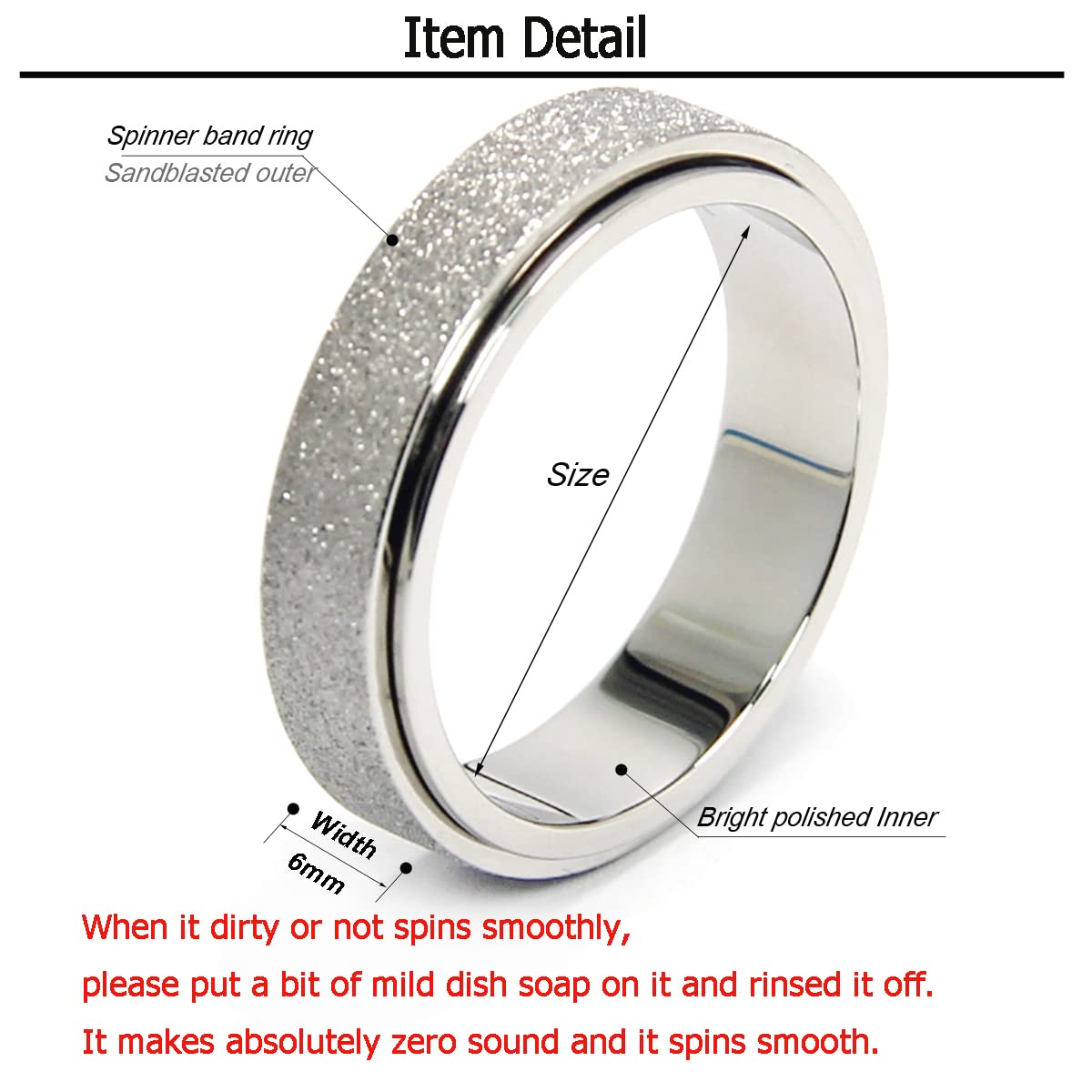 OreilleStar Titanium Stainless Steel Anxiety Ring for Women Men Fidget Toys Adults Spinner Ring 6mm Wide Size 8 Silver Band Ring Sandblasted Finish Outer Hand Polished Inner