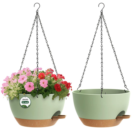 2 Pack 12 Hanging Flower Pots with Chains Self Watering Plastic Planters for Indoor Outdoor Plants, Sturdy Triangular Iron Chain Design for Garden PorchPlastic hanging flower pots (2, Green Brown)