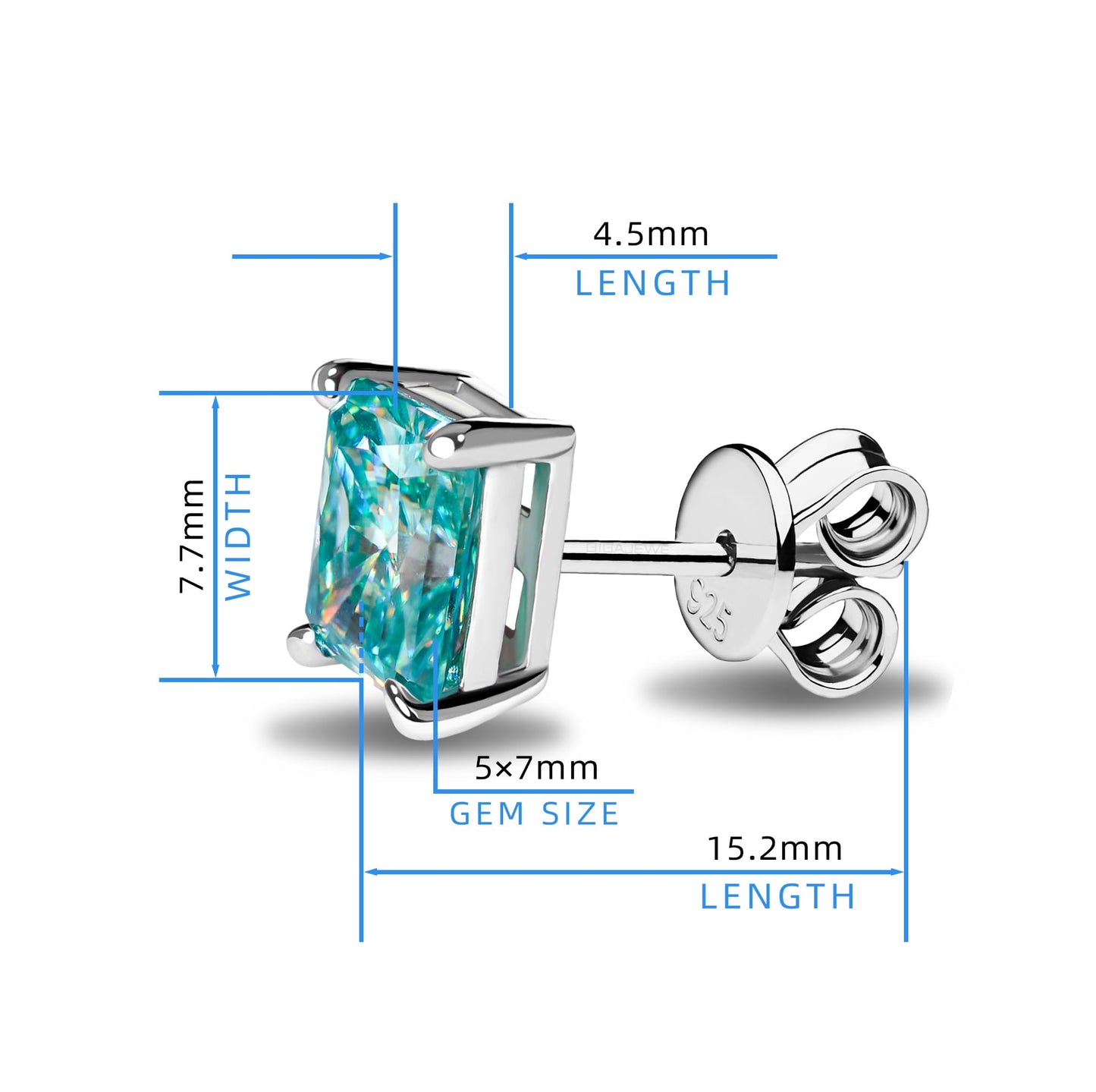 GIGAJEWE Blue Green Color Moissanite Stud Earrings Radiant Cut Moissanite Earrings 2.0ct/pair,18K Gold Plated 925 Steling Silver, Stud Earrings For Women (Cyan)