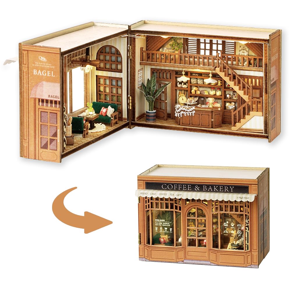 TuKIIE DIY Miniature Dollhouse Kit with Furniture, 1:32 Scale Opened & Closed Mini Cube Wooden Doll House Book Nook Creative Room for Kids Teens Adults(Bagel Time)