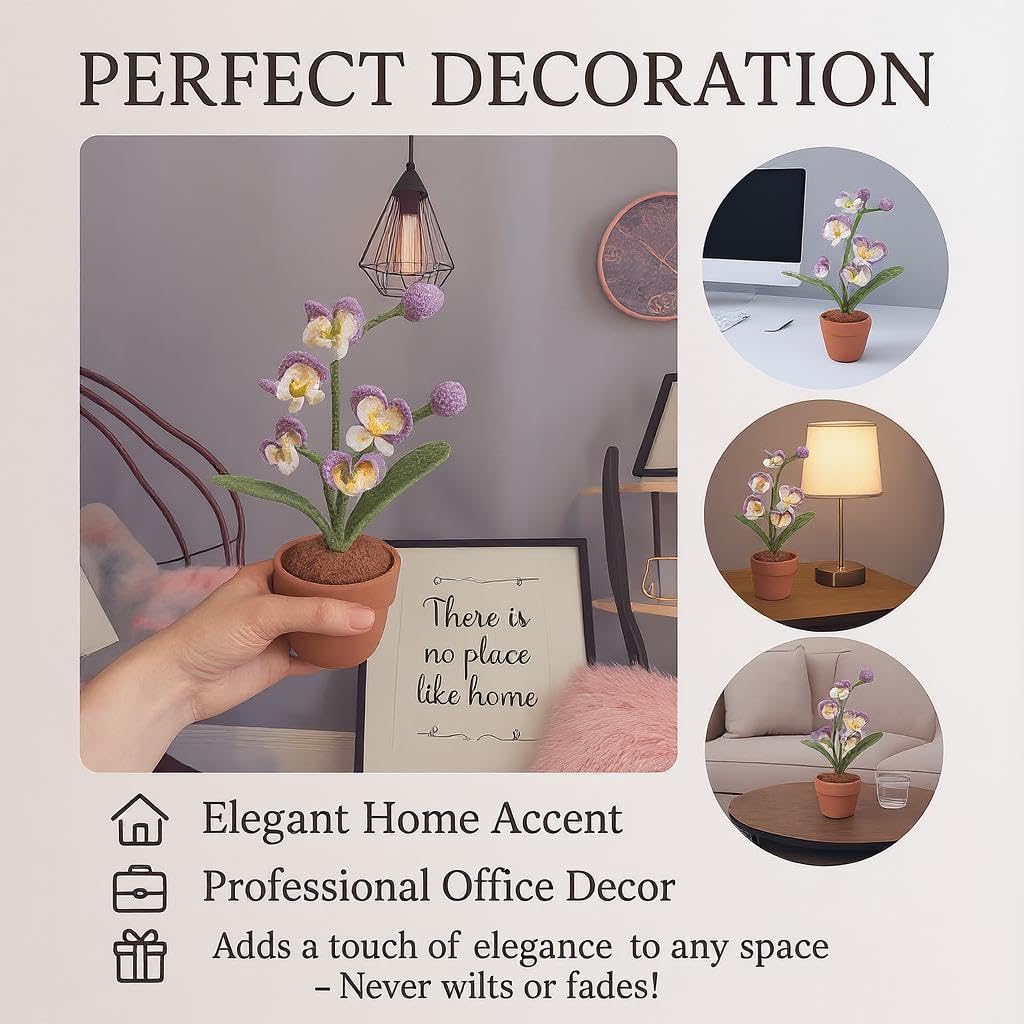 beausougon Handmade Crochet Orchid Potted Plants, Knitted Artificial Forever Flowers with Exquisite Pot, for Friends, Women, and Kids, Ideal for Home Decorations and Office Desks