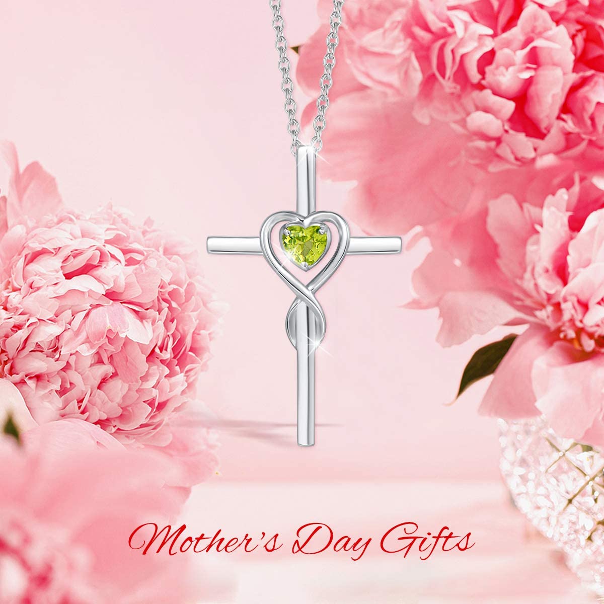 FANCIME Peridot Cross Necklace For Women Sterling Silver Birthstone Peridot Infinity Heart Cross Pendant August Birthstone Jewelry Gifts Valentines Day Gifts for Women