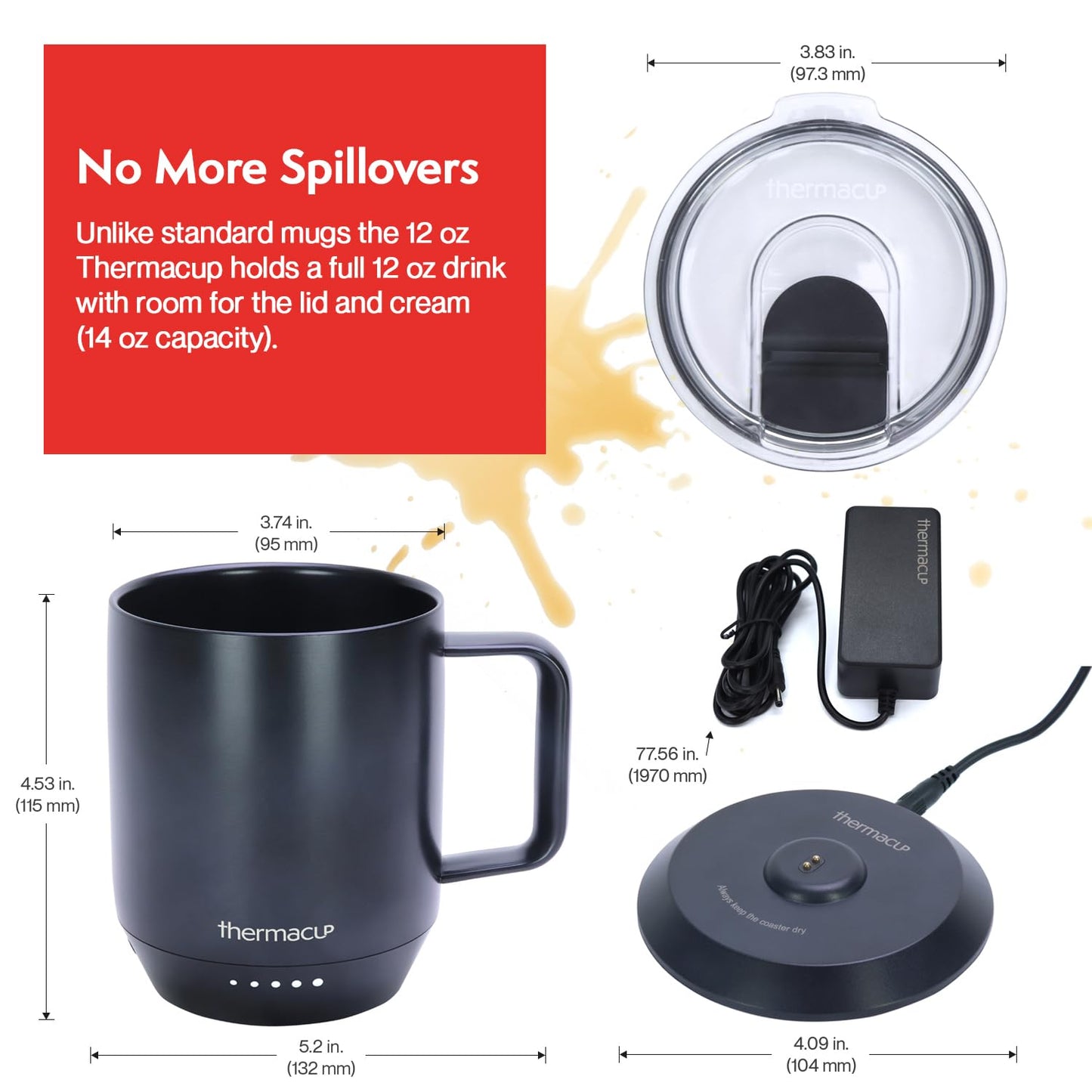 THERMACUP Premium Heated Coffee Mug with 5 Temperature Settings, Industry-Leading Smart Electric Cup, Up to 8-Hour Battery, 12oz with Lid (14oz Total Capacity) Midnight Black