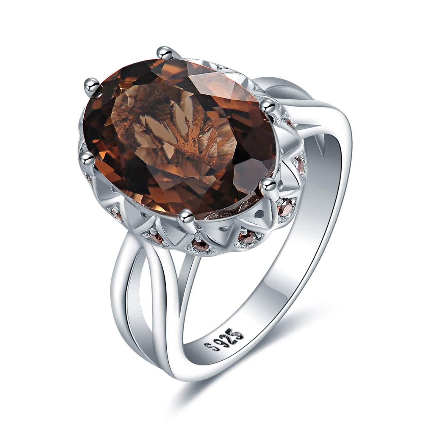JewelryPalace Huge Oval Shape 5.7ct Genuine Smoky Quartz Cocktail Rings for Her, 14K White Gold Plated 925 Sterling Silver Ring for Women, Natural Gemstone Jewelry Sets Rings 6