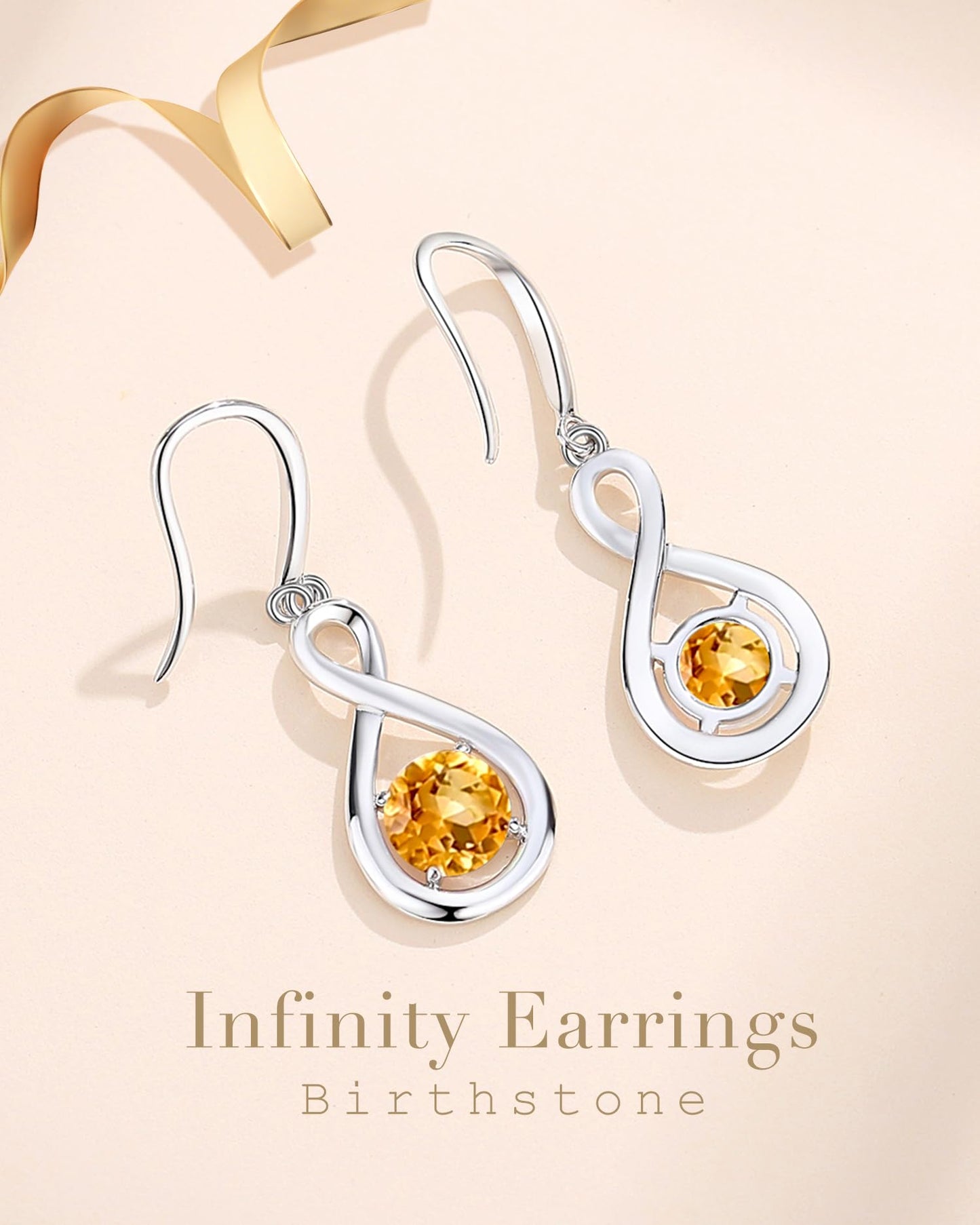 FANCIME Citrine Dangle Drop Earrings 925 Sterling Silver Dainty Infinity Yellow Topaz November Birthstone Earring Fine Jewelry Birthday Mothers Day Gifts for Mom Women Her