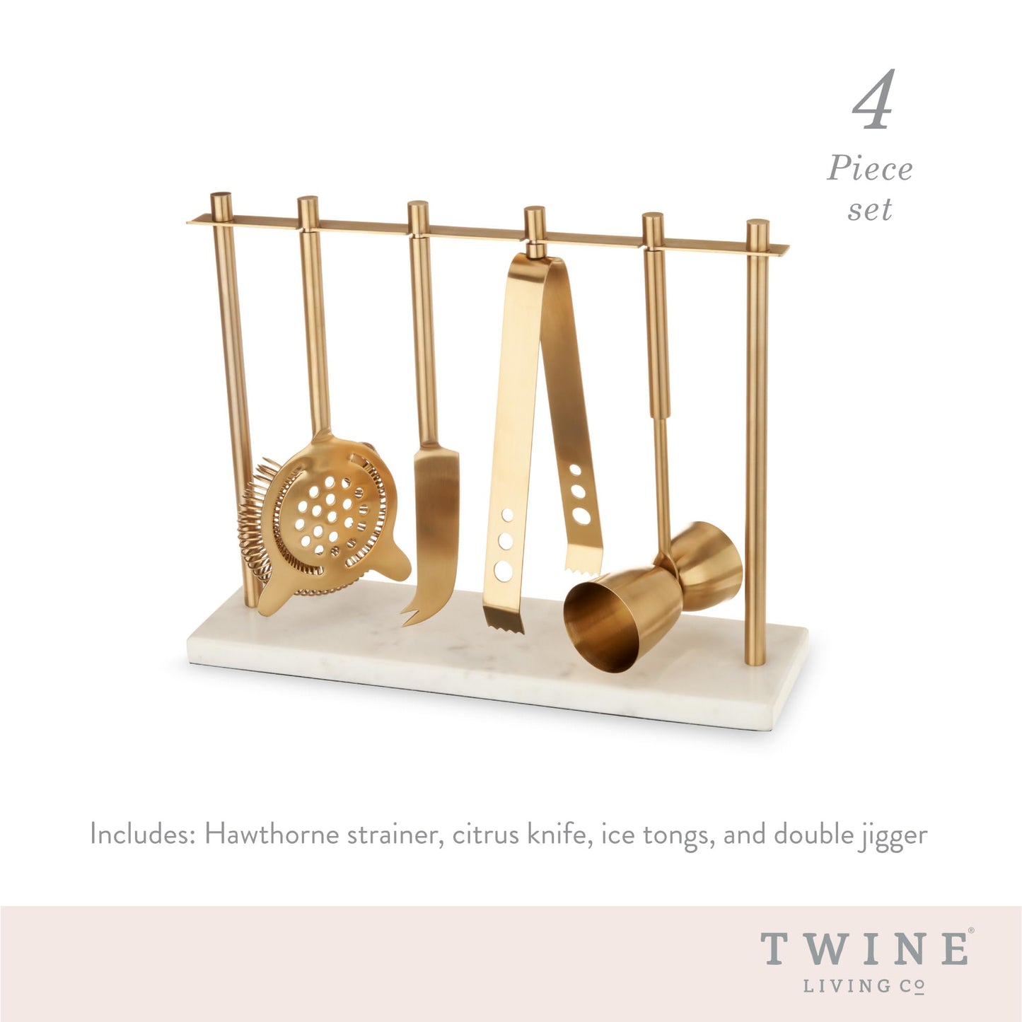 Twine Bar Tool Set Includes Hawthorne Strainer, Citrus Knife, Ice Tongs, Double Jigger with Marble Display Stand for Classic Cocktails and Cold Brew Drinks, Home Bar Cart Accessories, 4-Piece, Gold