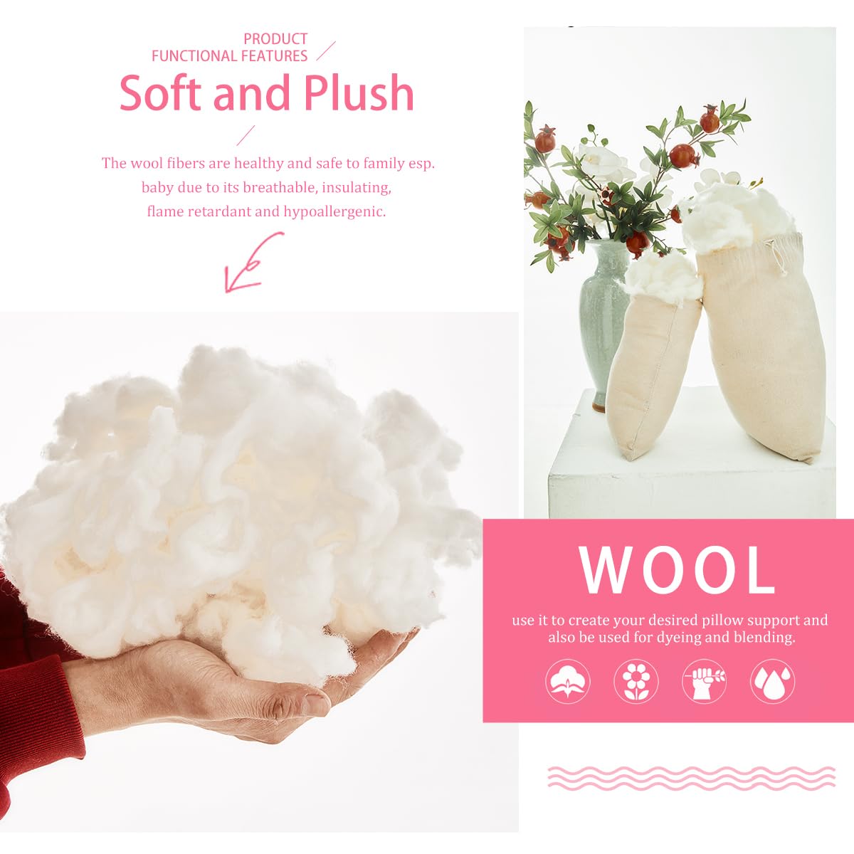 Piqoeei Lambs Wool Stuffing Super Clean Fine Wool for Felting Filler Roving Mercerized Wool for Crafts Needle Cushions Pillow Knitted Stuffed Toys Animals Blending and Dryer Balls, Natural White