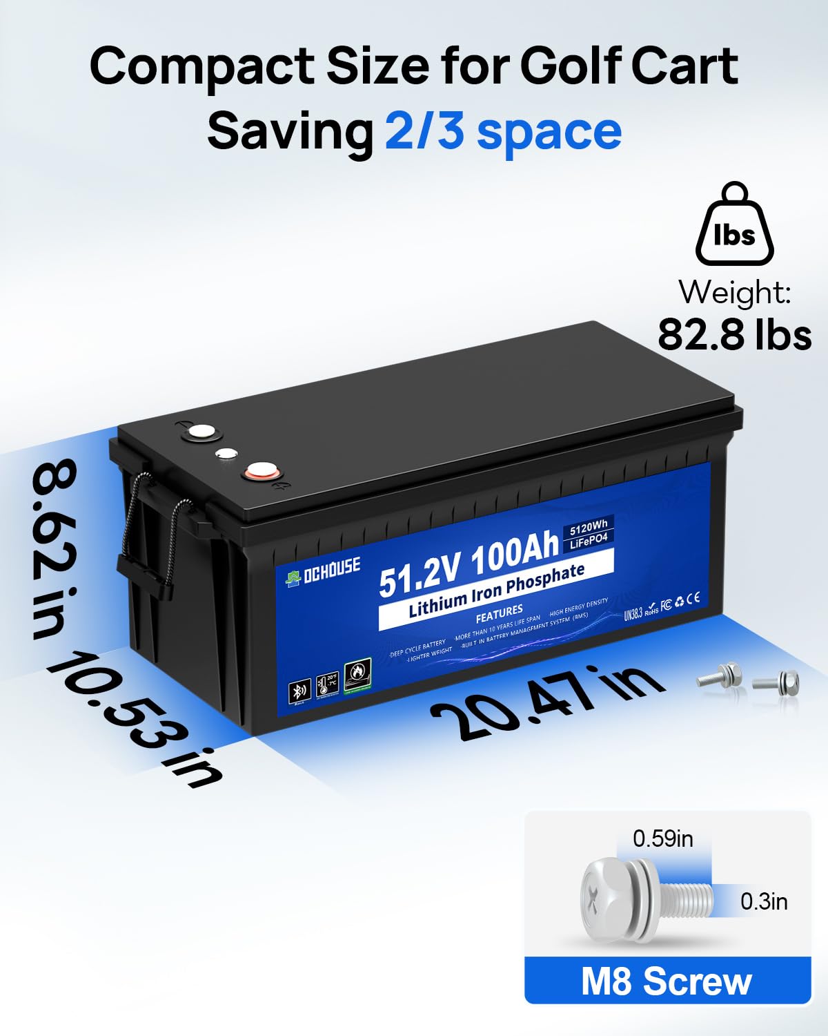 DC HOUSE 48V 100Ah Lithium Golf Cart Battery w/Switch, Lifepo4 Battery with 48V 18A Lithium Batteries Charger, Smart 200A BMS, LCD Monitor & Mobile APP, Peak Current 700A (ABS Case)
