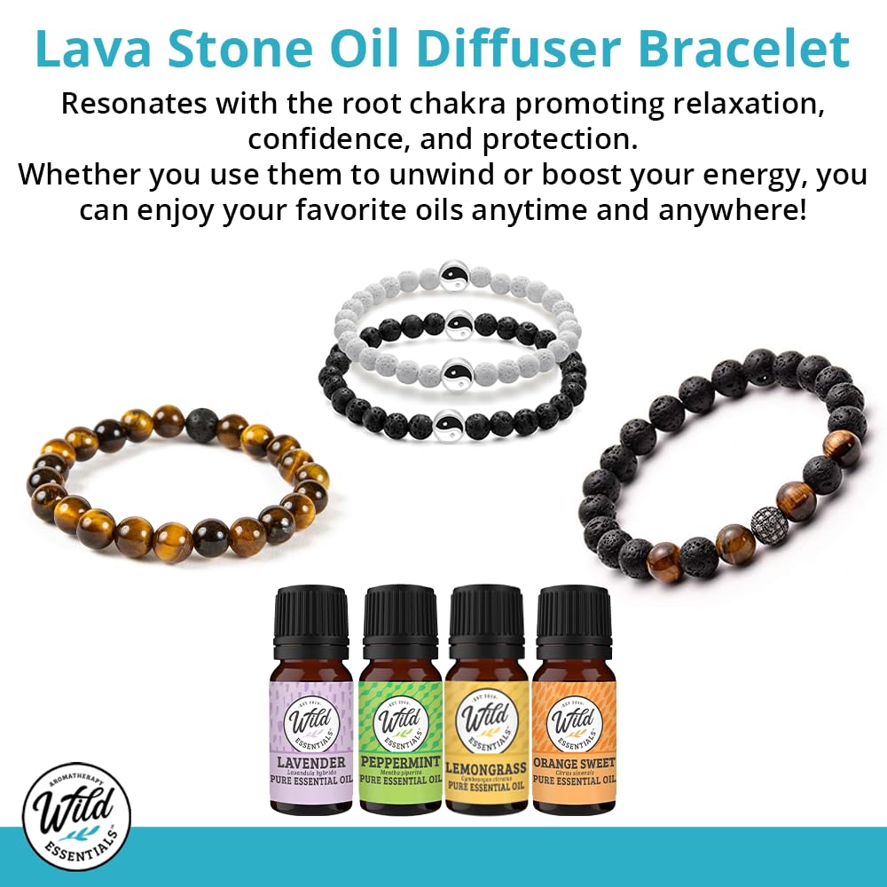 Wild Essentials 7 Chakras Lava Stone Essential Oil Diffuser Bracelet, Adjustable, Aromatherapy Jewelry Gift Set and 100% Pure Oils (Lavender, Lemongrass, Orange and Peppermint)