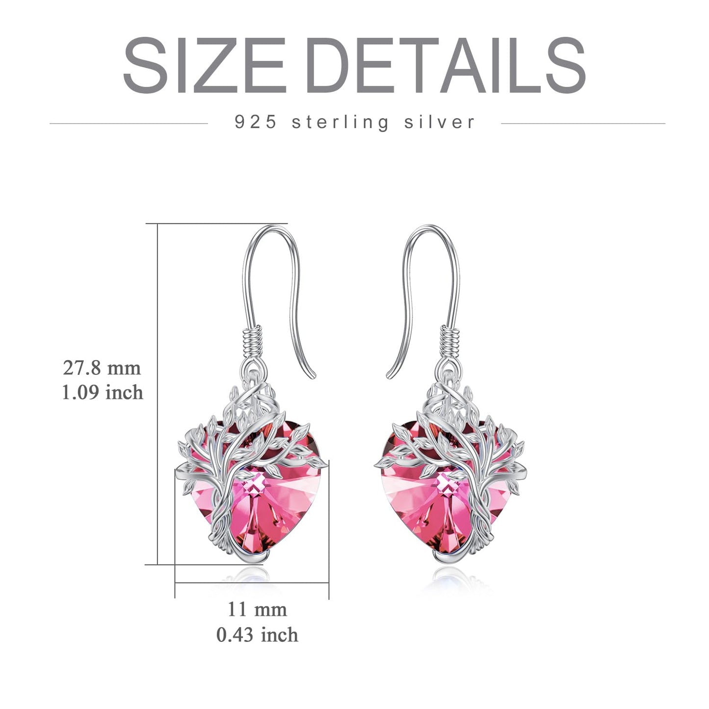 TOUPOP Heart Pink Tourmaline Earrings Sterling Silver Tree of Life Earrings October Birthstone Jewelry Birthday Mothers Day Gifts for Women Mom Her