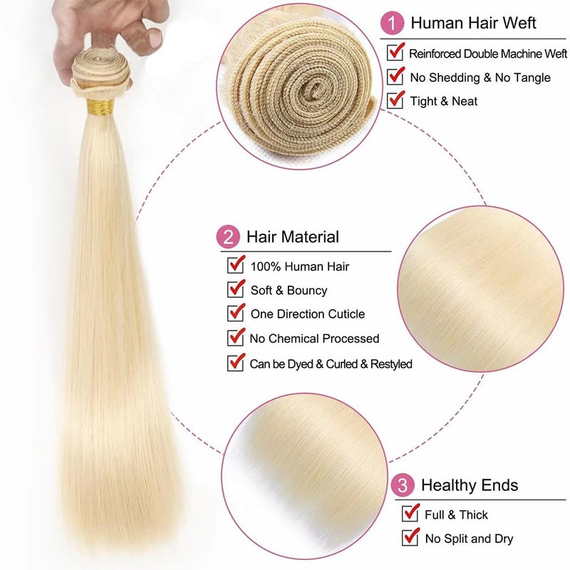 NJMNJM Straight Blonde 613 Human Hair Bundles, Straight Brazilian Virgin Human Hair Bundles, Blonde Single Bundle,#613 Color(18 inch)