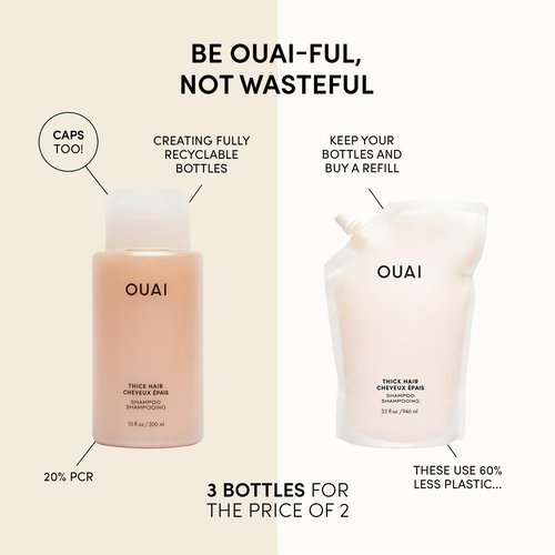OUAI Thick Shampoo + Refill - Moisturizing Shampoo with Keratin, Marshmallow Root, Shea Butter & Avocado Oil for Thick Hair - Strengthens & Hydrates - Sulfate Free (2 Count, 10 Oz/32 Oz)