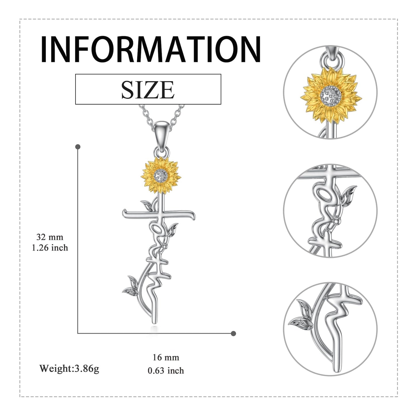 SEDITAO Cross Necklace 925 Sterling Silver Faith Hope Cross Pendant Necklace Sunflower Jewelry Gifts for Women