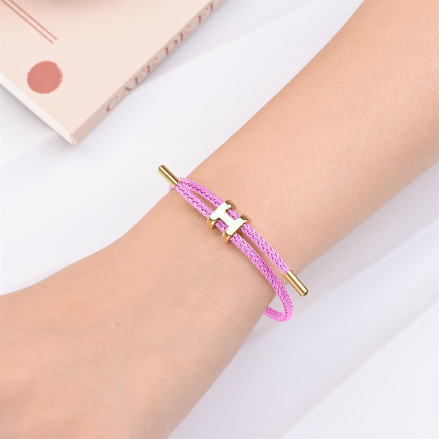 Hothink H Bracelets for Women,H Bangle and H Wire Rope Bracelet Set,Dainty Gold Bracelets Set for Christmas Mothers Day Gifts for Women (Gold-Pink)