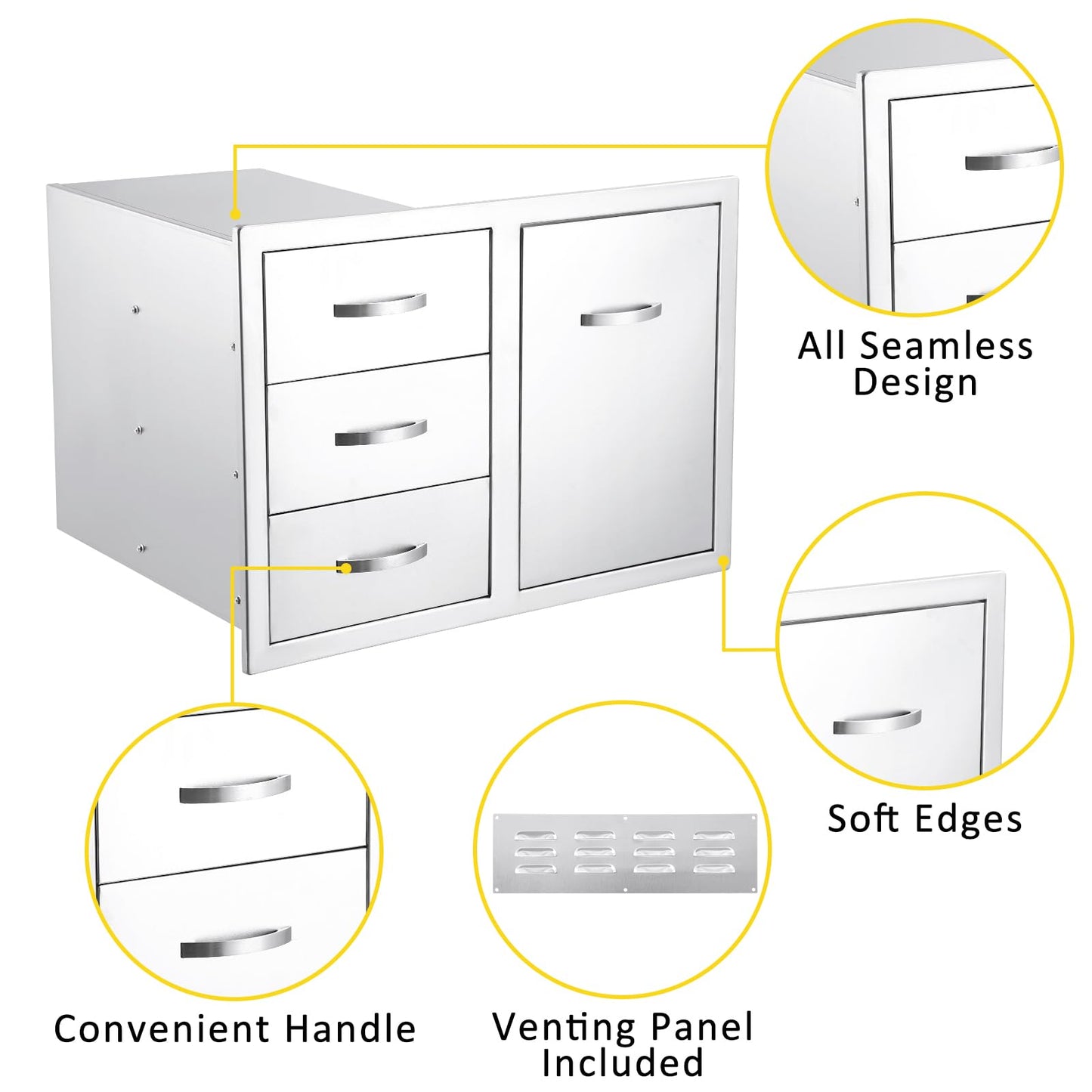 GarveeLife Outdoor Kitchen Cabinets - Stainless Steel Outdoor Kitchen Drawer Combo,Multi-Layer Design, Paper Towel Rack, Flush Mount Double Drawers, BBQ Island & Patio Grill Station, 28wx20dx20h Inch