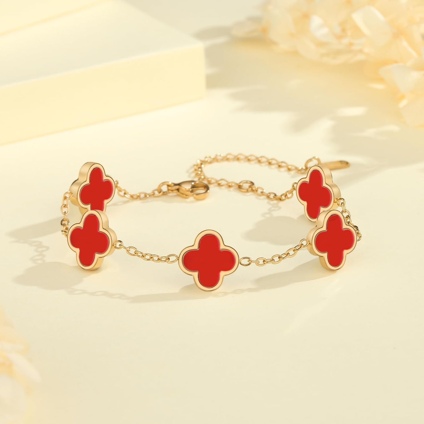 CORSMGSE 18K Gold Plated Clover Lucky Bracelet for Women Gold White Black Pink Green Red Blue Adjustable Double Sided Flower Four Leaf Link Bracelets Trendy Jewelry Gifts for Women Men