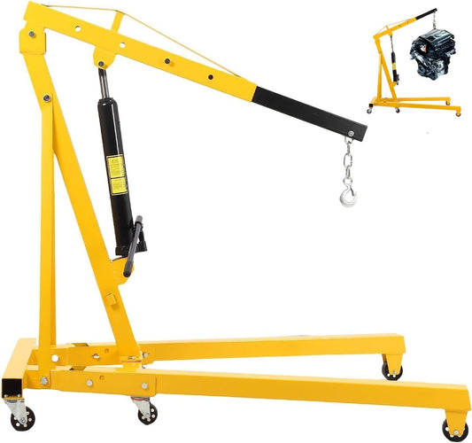 2 Ton Hydraulic Engine Hoist, 4400LBS Heavy Duty Cherry Picker Engine Hoist Lift with 6 Casters, Folding Crane Lifter with Telescopic Boom, for Workshop, Warehouse, Yellow