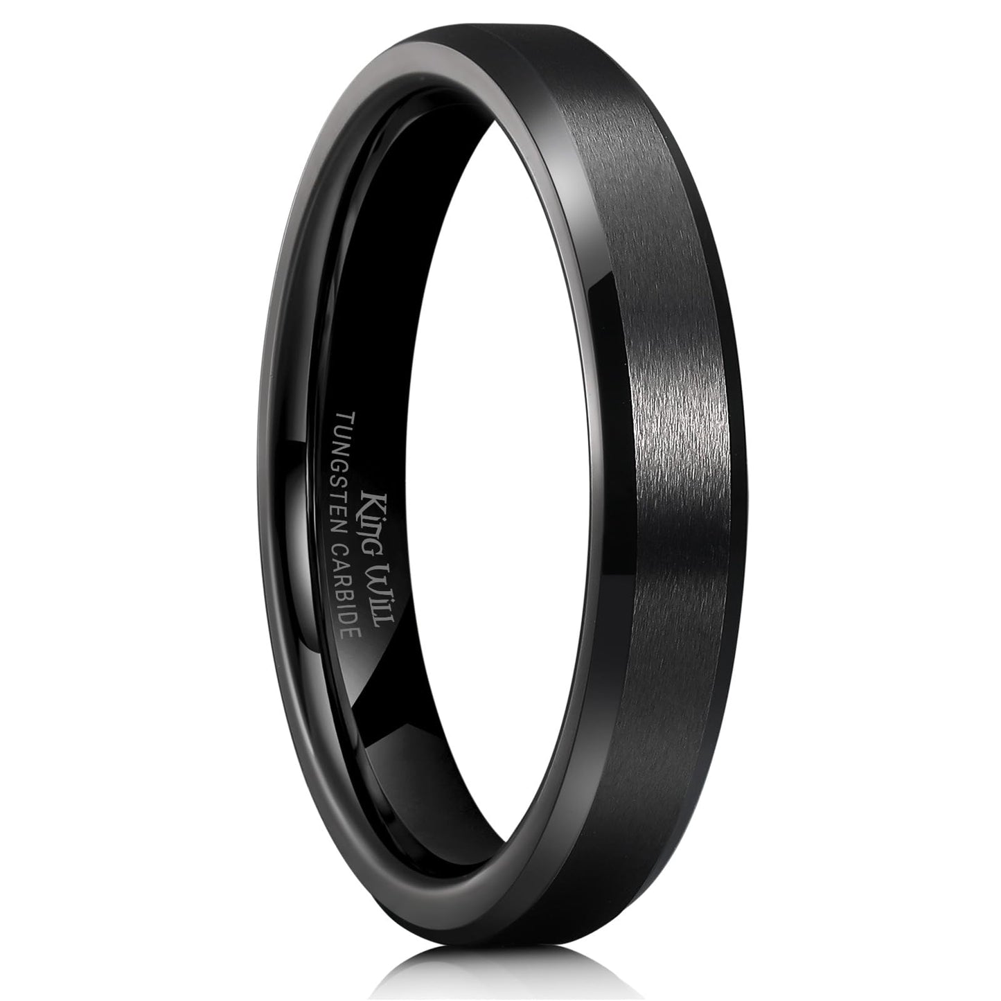King Will 4mm Black Tungsten Men's Wedding Band - Brushed Matte Finish, Beveled Polished Edge, Comfort Fit 9