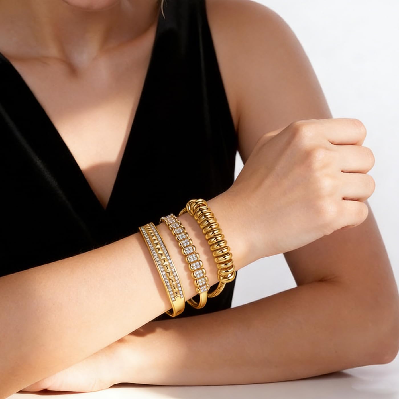 hotoo Gold Stackable Bangle Bracelets For Women 18K Gold Plated Beads Chain Bracelets Stainless Steel Bangle Bracelets Set Cubic Zirconia For Birthday Christmas Trendy Jewelry Gifts,3PCS