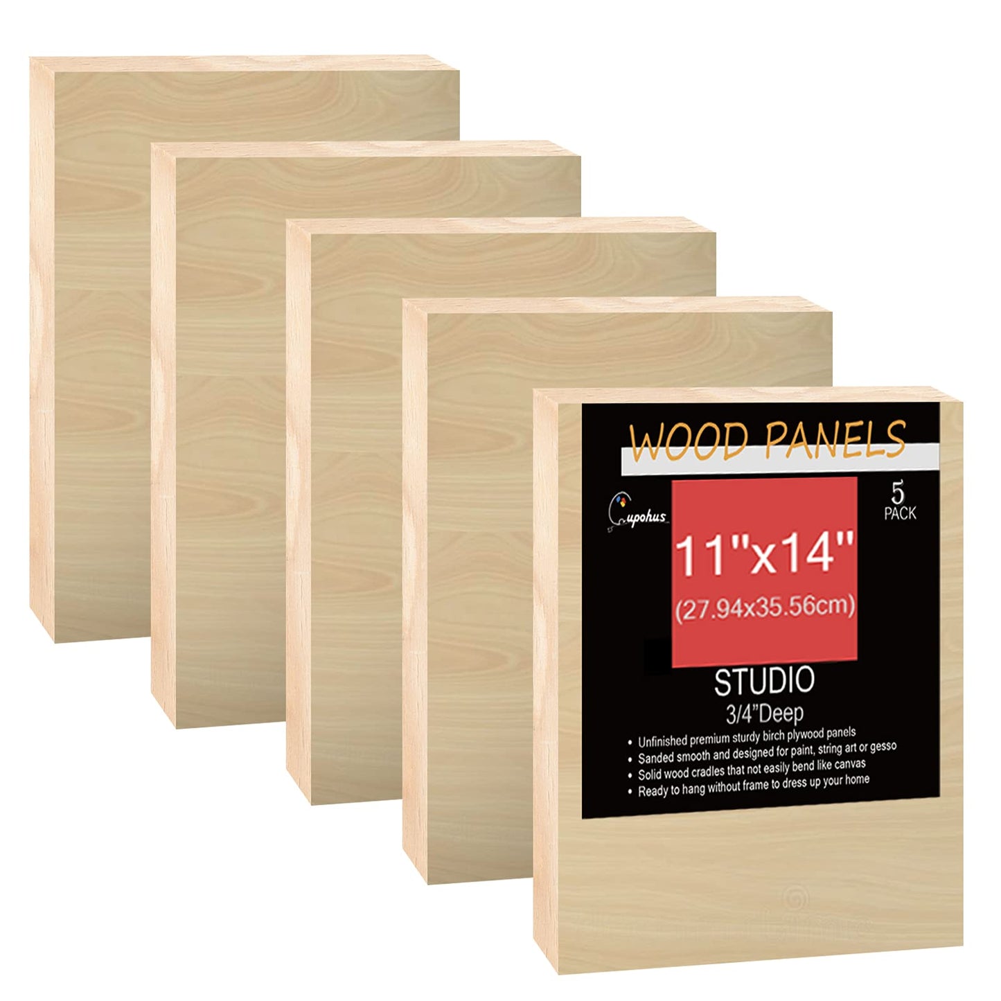 Cupohus Unfinished Birch Wood Boards Canvas for Painting, 5 Packs 3/4'' Deep Cupohus 11'' x 14'' Wooden Cradled Panels for Pouring Art, Crafts, Paints and More
