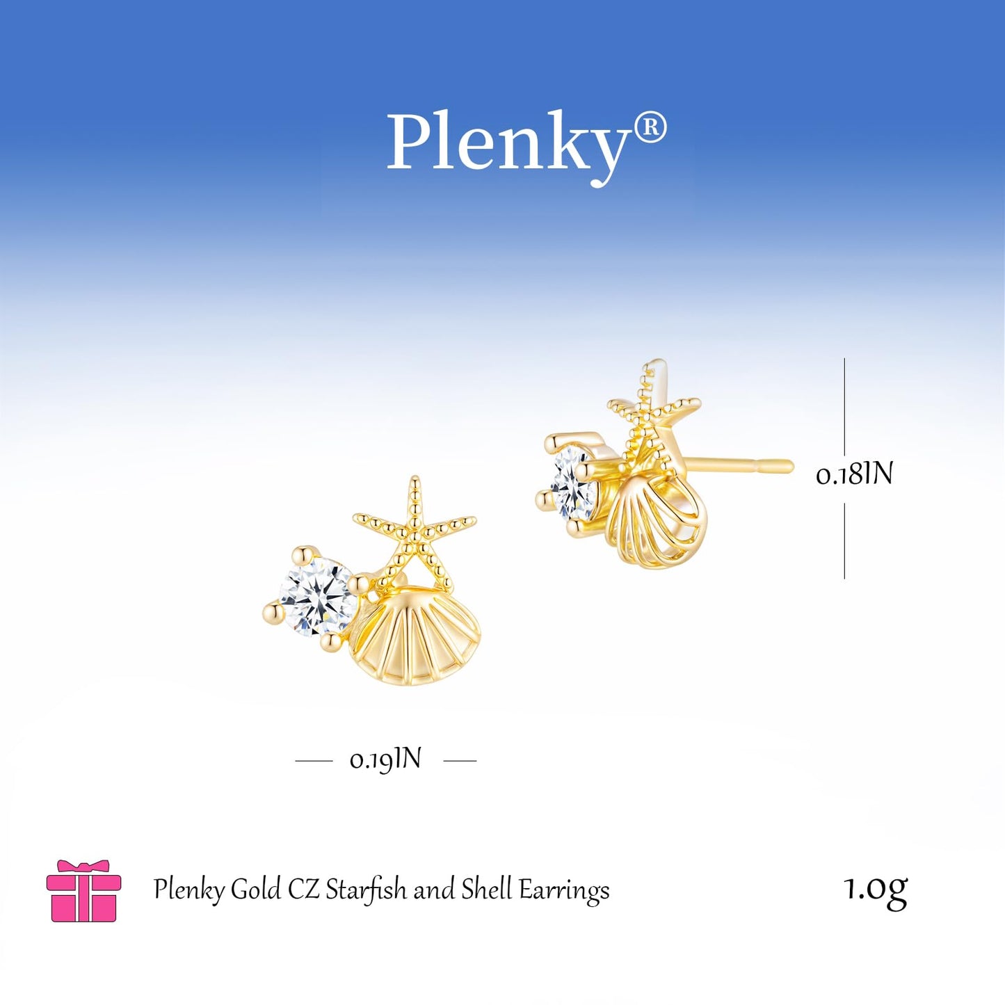 Plenky Gold Earrings for Women- 14K Gold Plated Starfish Shell CZ Earrings Summer Beach Vacation Outfits Trendy Jewelry Gifts