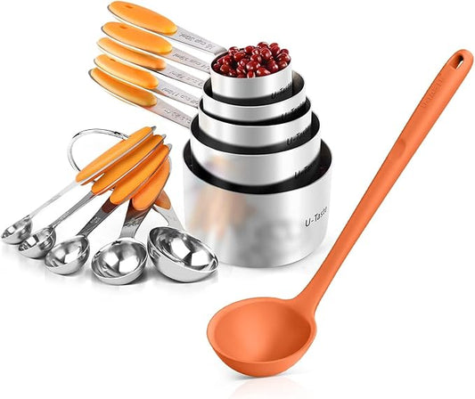U-Taste 10 Piece Measuring Cups and Spoons Set in 18/8 Stainless Steel, and 600ÂºF Heat Resistant 13 inch Large Non-Stick Silicone Soup Ladle (Orange)