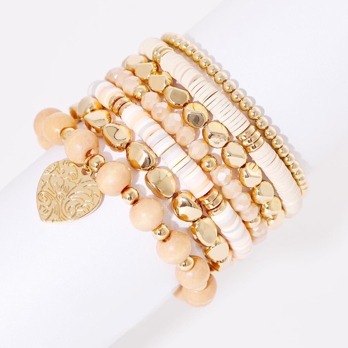 GOOJIDS Surfer Heishi Clay Bead Bracelets for Women Bohemian Stackable Gold Plated Beaded Stretch Bracelets Elastic Layering Friendship Bracelets Set Boho Jewelry