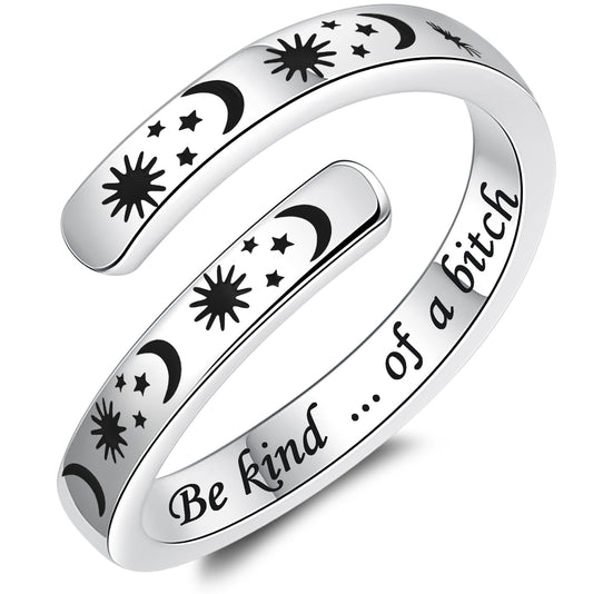 925 Sterling Silver Inspirational Jewelry Adjustable Wrap Open Ring Encouragement Gift for Women (Sun & Moon - Be kind ...of a b*tch)
