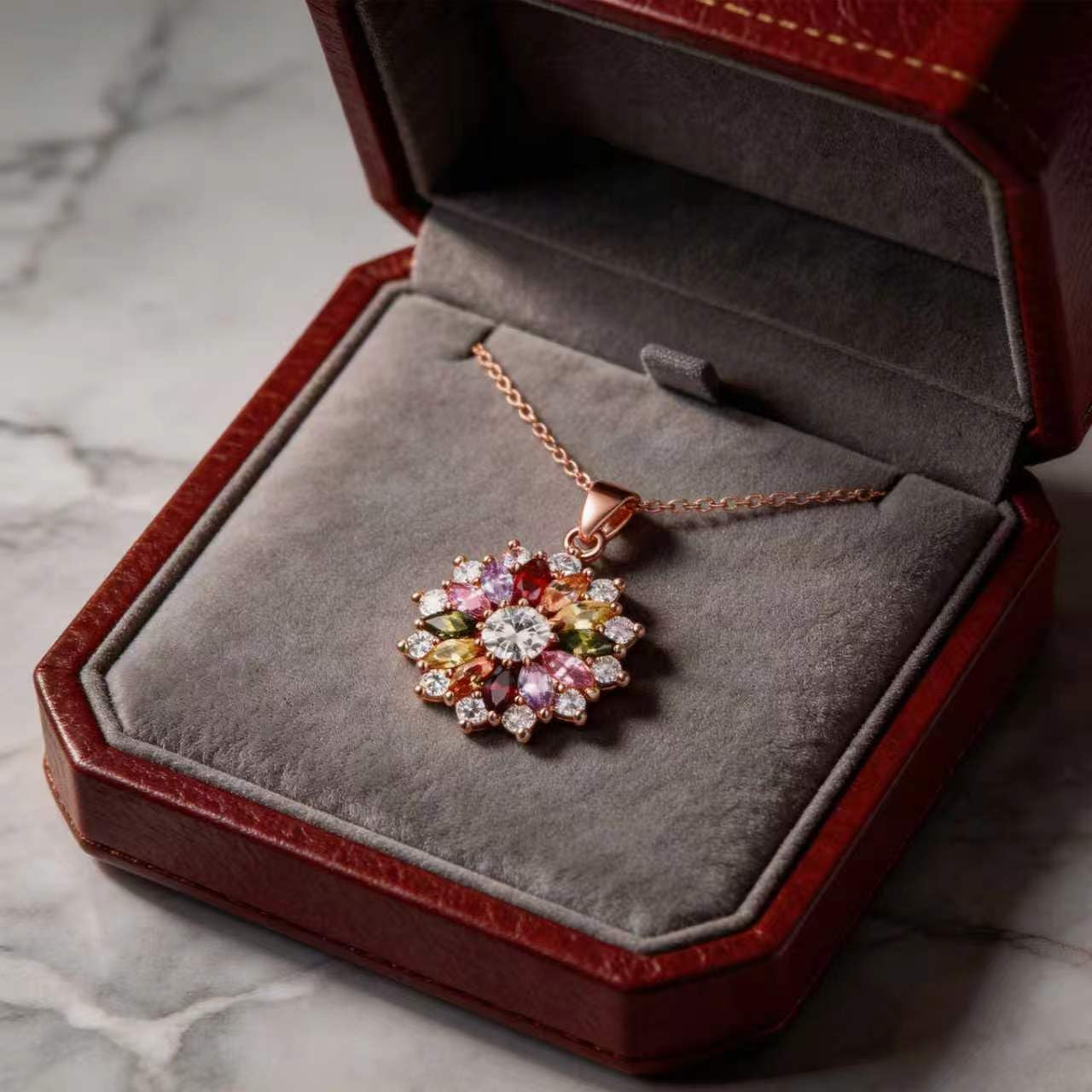 Kim Carrey Italian Elegant Rose Gold Necklace for Ladies | 18K Rose Gold Plated Necklace Pendant for Women | Gemstone necklace, Gift for Daughter, Wife, Mom, Her Jewelry (Seven-Color Flower)