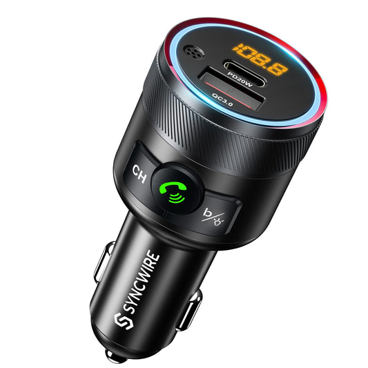 Syncwire Bluetooth 5.4 FM Transmitter for Car, 38W PD&QC3.0 Dual USB Charging Bluetooth Car Adapter Microphone & Bass Sound MP3 Music Player FM Kit with Hands-Free Calling