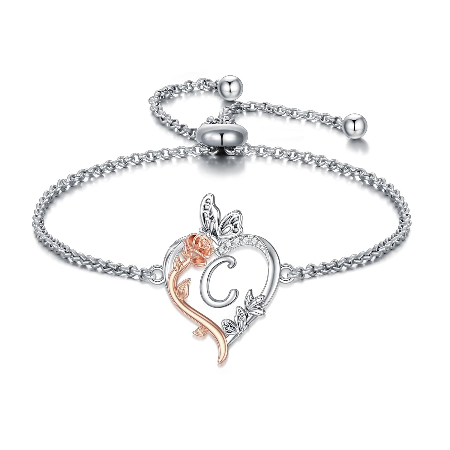 TOUPOP Rose Heart Bracelet for Women Sterling Silver Heart Initial C Letter Bracelet Butterfly Love Jewelry Anniversary Birthday Mothers Day Gifts for Mom Wife Her Girlfriend