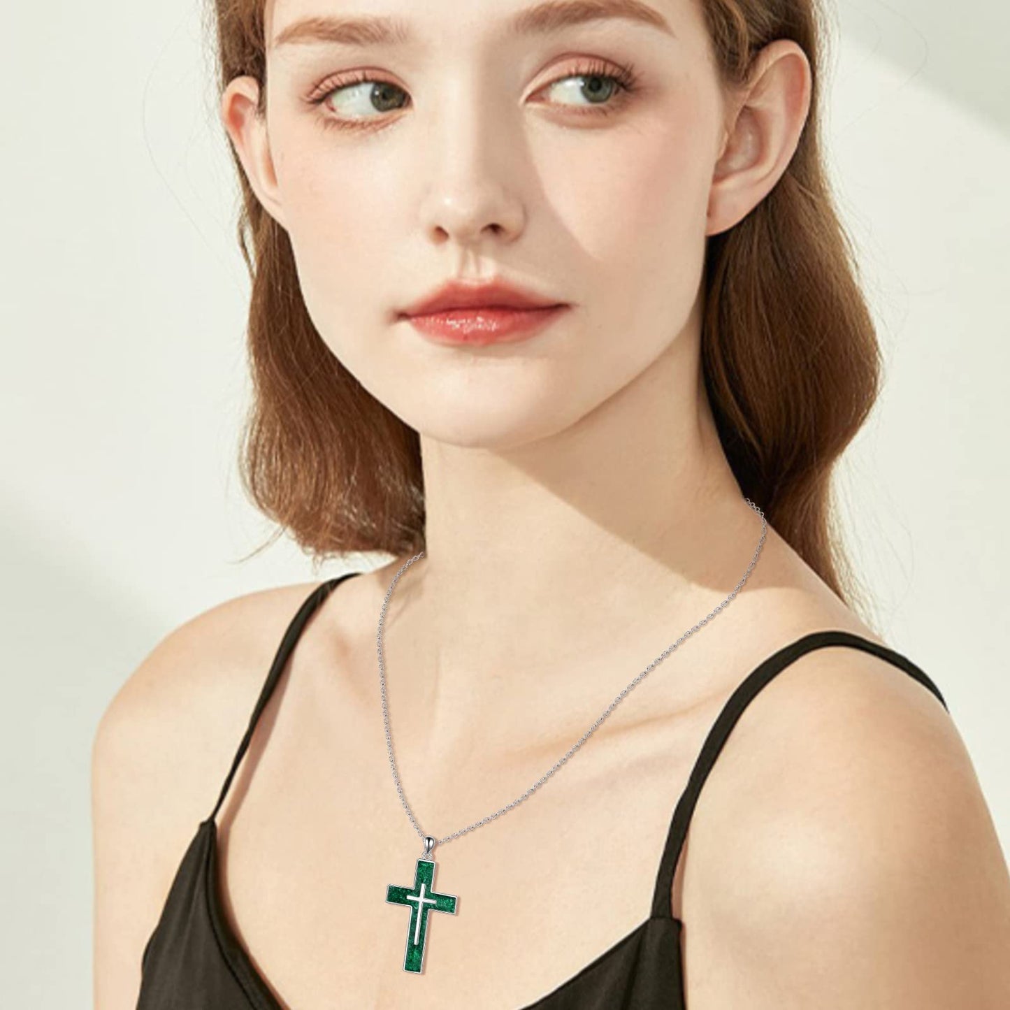 YFN Cross Necklace Sterling Silver Green Malachite Cross Pendant Religious Jewelry Gifts for Women Men