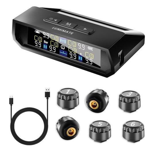 RV Tire Pressure Monitoring System -TPMS 2025 Upgrade Tire Pressure Monitor with 6 Sensors,Solar Charge & Color LCD Display, 0-9.9BAR/144PSI Range, 6 Alarm Modes for RV/Trailer/Truck IP67