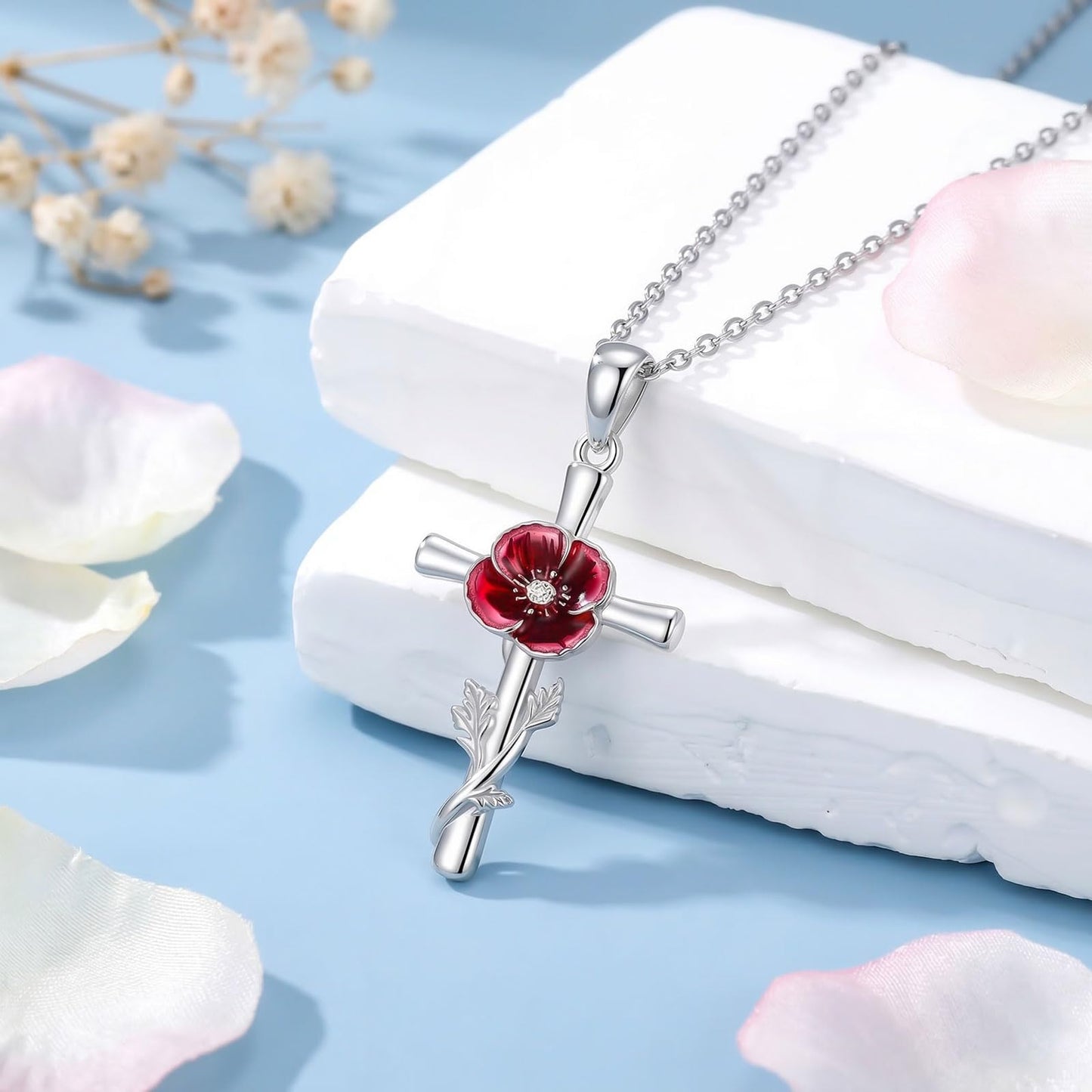 Cargari Red Poppy Flower Cross Necklace 925 Sterling Silver Poppy Cross Pendant Necklace Religious Floral Jewelry Gift for Women