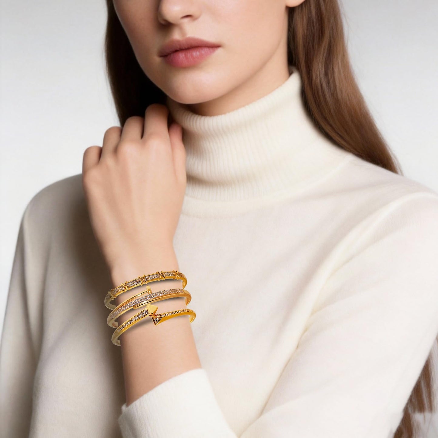 FIVESWEET 3PCS Gold Bangle Bracelet Set for Women, Copper Inlaid with 3A Zircon, Stackable Trendy Jewelry, 2.4 Inch, Great Gift for Her Girlfriend Wife Mom Sister Lover on Birthday Christmas Valentine's Day Mother's Day (Rivet & X-Element)