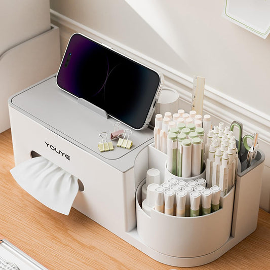 Aiabaleaft Multifunctional Organizer Rotating Brush Holder Makeup Organizer With Tissue Box for Study Table Living Room Dressers Home Office (Gray)