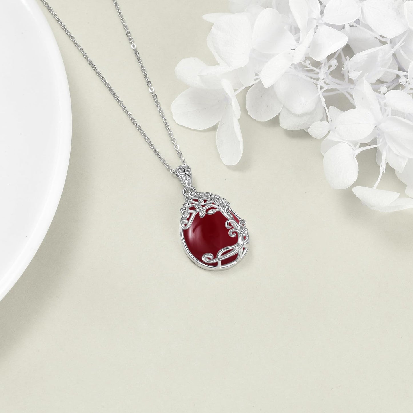 YAFEINI 925 Sterling Silver Red Agate Necklace Tree of Life Teardrop Pendant Necklace Jewelry for Women (KK-Tree of Life Red Agate Necklace)