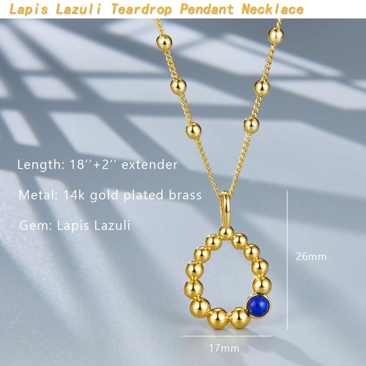 NUZON 18K Gold Plated Hollow Teardrop Pendant Necklace for Women Lapis Lazuli Gemstone Water Drop Charm Gold Beaded Chain Minimalist Jewelry for Her 18’’