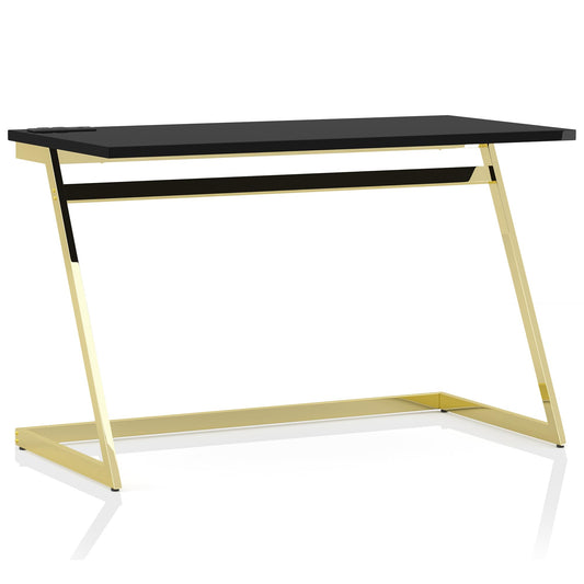 24/7 Shop at Home Ruthetta Modern Metal Writing Desk with USB Port, Power Outlet for Workstation, Home Office, Study Room, Glossy Black and Brass