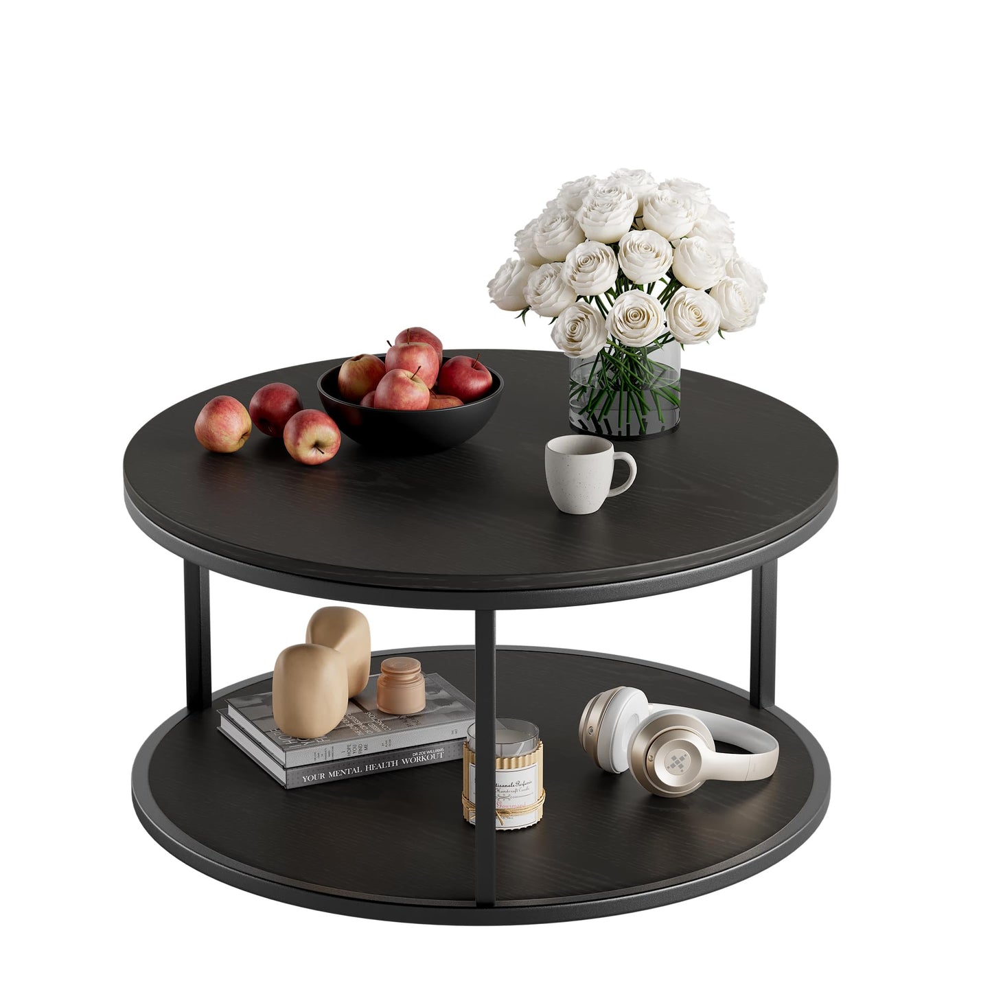 YESHOMY 36“ Black Round Coffee Table, Coffee Tables for Living Room, Metal & Wood Round Table, Small Space Solution for Living Room Furniture, Black