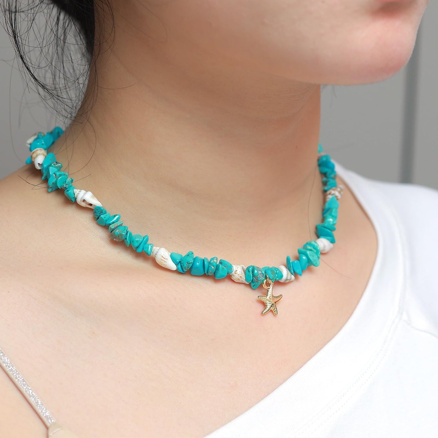 Starfish Turquoise Necklace for Women, 14K Gold Plated Dainty Starfish Turquoise Beaded Necklaces Handmade Beach Summer Boho Shell Ocean Choker Beachy Vacation Necklaces for Women Blue 16 Inches