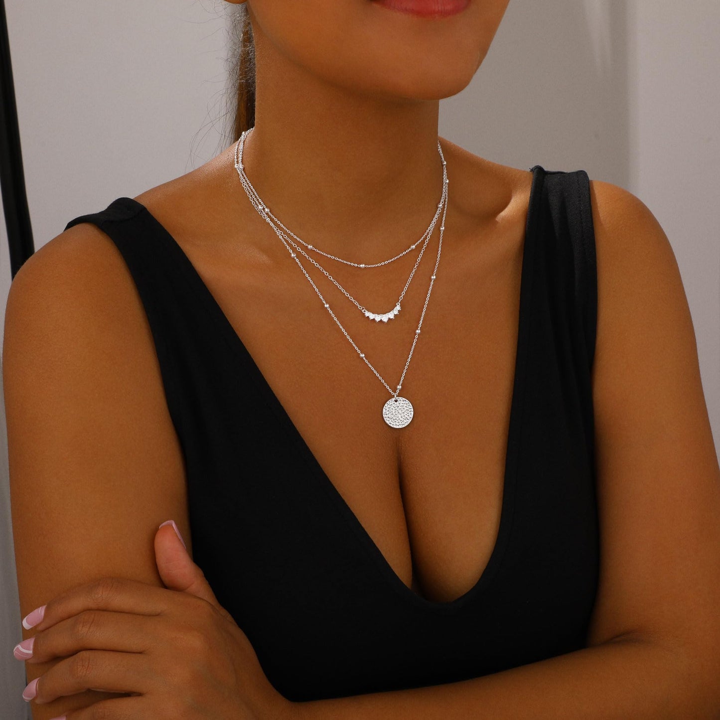 Layered Gold Necklaces for Women Stackable Dainty 14K Gold Plated Silver Chain Necklace Layering Cute Fashion Pendant Choker Necklaces Trendy Jewelry Set Gifts for Women (hammered texture round, silver)
